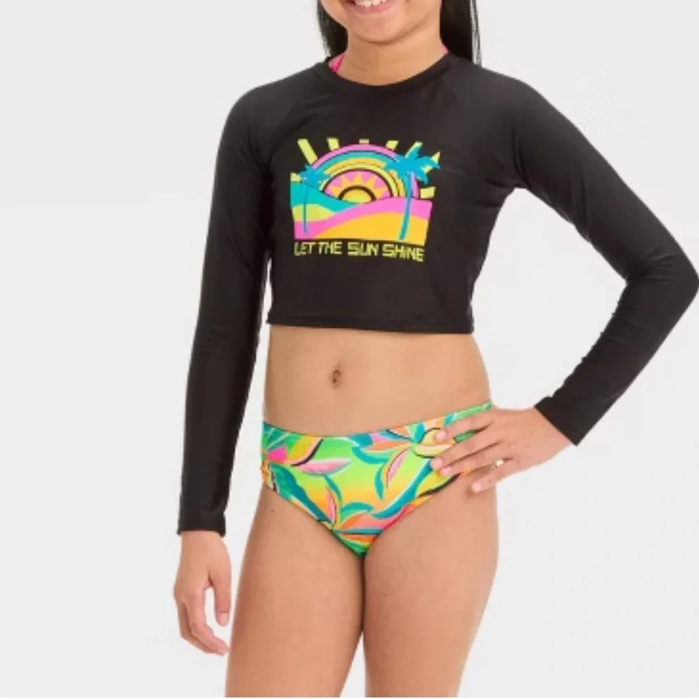 Cat & Jack Girls 3-Piece Tropical Rash Guard Swimsuit Set XL 14 NWT